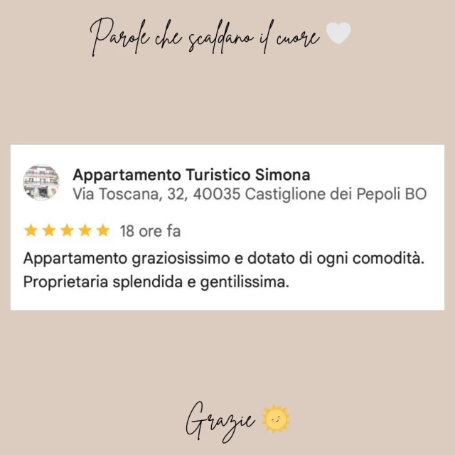 ⭐️⭐️⭐️⭐️⭐️
Grazioso, comodo e accogliente 💛
Grazie a chi sceglie l'appartamento Simona per sentirsi a casa, anche solo per un po’ 🏡✨

#SimonaTouristHome #RecensioniDelCuore #OspitalitàConIlCuore #appenninobolognese